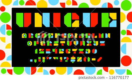 Module block font, modern abstract typeface of english alphabet. Vector typography bold geometric letters and numbers type set of color circles, triangles and rectangles modules, brutalist abc font 116770177