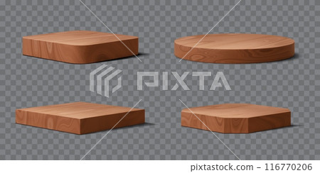 Wooden podium, platform display stage. Isolated realistic 3d vector four round and square wood scenes for showcasing beauty or natural cosmetic products, speeches, advertisements and presentations Wooden podium, platform display stage. Isolated realistic 3d vector four round and square wood scenes for showcasing beauty or natural cosmetic products, speeches, advertisements and presentations 116770206
