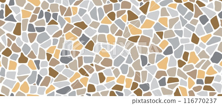 Mosaic pebble stone pattern background of ceramic fragments, vector tile. Mosaic pattern background of broken pebbles or ceramic cobblestone pieces with soft edges for Terrazzo tile pavement pattern 116770237