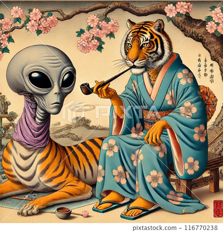 This is an image of an alien with big eyes in the Ukiyo-e style. 116770238