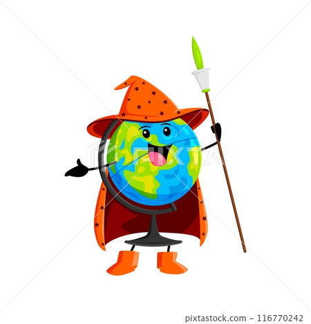 Cartoon halloween school globe stationery mage, wizard and witch character. Isolated vector whimsical personage, in a wiz costume with a staff, brings enchantment to geography lessons, casting a spell Cartoon halloween school globe stationery mage, wizard and witch character. Isolated vector whimsical personage, in a wiz costume with a staff, brings enchantment to geography lessons, casting a spell 116770242