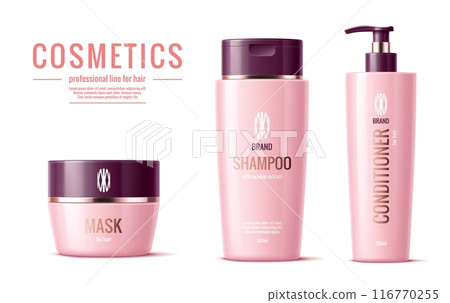 Hair shampoo, conditioner and mask pink packages. Cosmetic product templates. Realistic 3d vector luxurious containers for nourishing and revitalizing hair. High-quality product ensures healthy locks Hair shampoo, conditioner and mask pink packages. Cosmetic product templates. Realistic 3d vector luxurious containers for nourishing and revitalizing hair. High-quality product ensures healthy locks 116770255