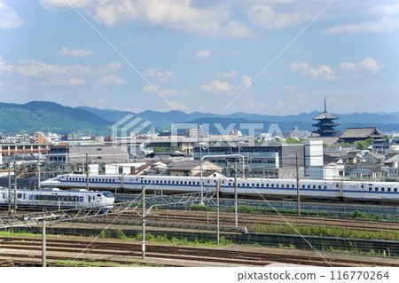 With Toji Temple in the background, the Shinkansen and Kansai Airport Express Haruka trains run through Kyoto city With Toji Temple in the background, the Shinkansen and Kansai Airport Express Haruka trains run through Kyoto city 116770264