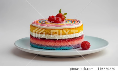 a rainbow cake with a raspberry on the top isolated on white background 116770270
