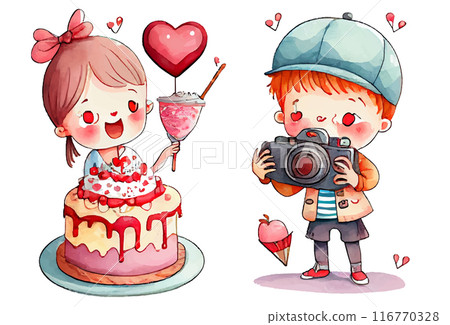 watercolor cartoon style couple in love with cake isolated on white background . Cartoons flat vector illustration watercolor cartoon style couple in love with cake isolated on white background . Cartoons flat vector illustration 116770328