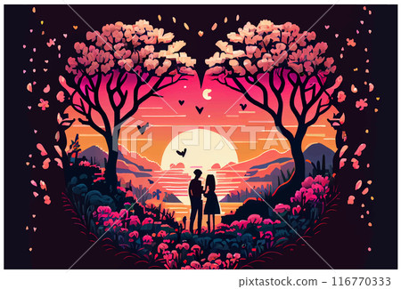 sticker cartoon style couple in love at heart frame at sunset background 116770333