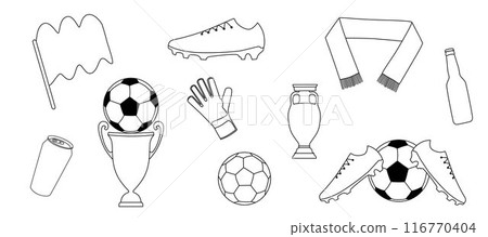 Soccer sport equipment and objects . Vector stock one line hand drawing illustration isolated on white background for design template football championship, game. Editable stroke.  116770404