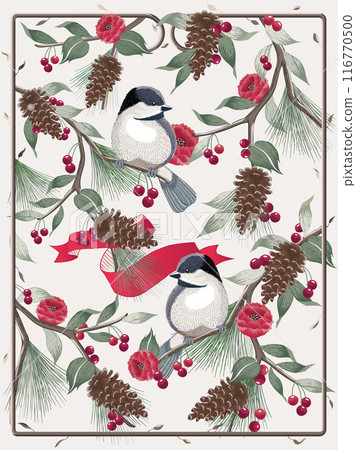 Vector illustration of fruits from a pine tree with red flowers and cute little birds. Picture for poster, postcard, and frame.				 116770500