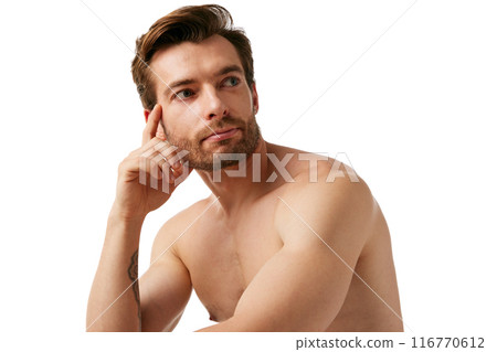 Portrait of handsome shirtless man with well-kept skin and groomed hair, showing confidence isolated on white background 116770612