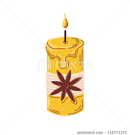 Aromatherapy cinnamon scented candle. Flat style. Hand crafted candle. Vector illustration isolated on a white background. Aromatherapy cinnamon scented candle. Flat style. Hand crafted candle. Vector illustration isolated on a white background. 116771255