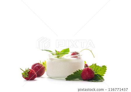 homemade sweet yogurt in a jar with strawberries, isolated on white background homemade sweet yogurt in a jar with strawberries, isolated on white background 116771437