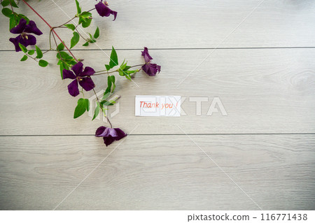 branch of blooming purple clematis, on a light wooden table branch of blooming purple clematis, on a light wooden table 116771438