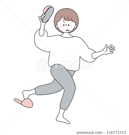 A short-haired woman frantically trying to get rid of a cockroach with her slippers 116771515
