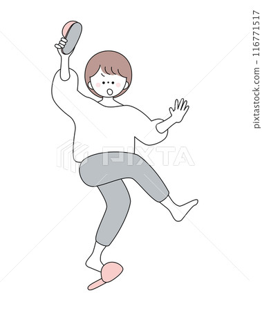 一名短髮女子戲劇性地舉起拖鞋驅趕蟑螂。 一名短髮女子戲劇性地舉起拖鞋驅趕蟑螂。 116771517