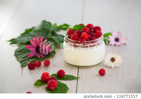 homemade food, milk yogurt with fresh raspberries 116771557
