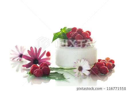 homemade food, milk yogurt with fresh raspberries 116771558