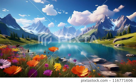 雄偉的山脈和美麗的湖泊令人心曠神怡的風景 116771606