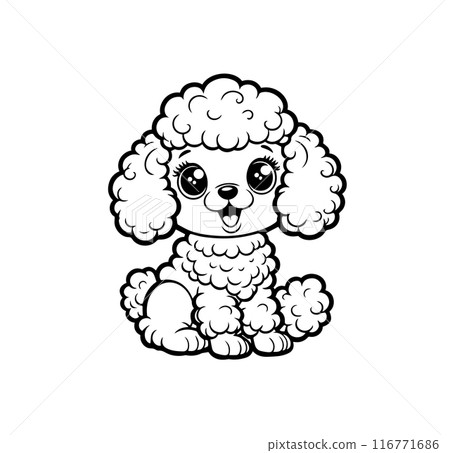 Cute cartoon poodle puppy with big eyes sitting happily. Adorable fluffy dog with cheerful expression for kids coloring books, activity pages, pet-themed designs. Black and white vector illustration Cute cartoon poodle puppy with big eyes sitting happily. Adorable fluffy dog with cheerful expression for kids coloring books, activity pages, pet-themed designs. Black and white vector illustration 116771686