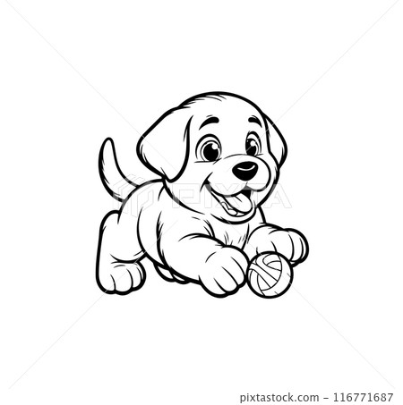 Playful Labrador puppy holding a ball. Adorable cartoon dog with a joyful expression. Perfect for child coloring books, pet-related designs, and playful themes. Vector illustration 116771687