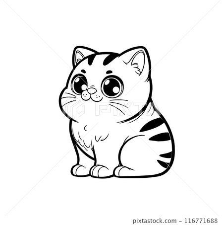 Cute kawaii Manx kitten with big eyes, sitting and smiling. Adorable cartoon cat with stripes, whiskers, fluffy fur. Perfect for children decor, stickers, and coloring books. Vector illustration 116771688