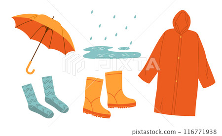 Rainy weather protection set. Umbrella and raincoat, rubber boots and pudddle with raindrops. Flat vector illustration isolated on white background 116771938