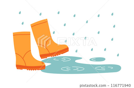 Orange rubber boots. Autumn or spring rainy weather and puddle. Flat vector isolated illustration 116771940