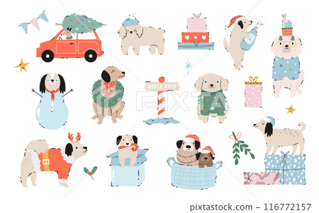 Hand drawn Christmas illustration of funny and mischief dogs in different costumes 116772157