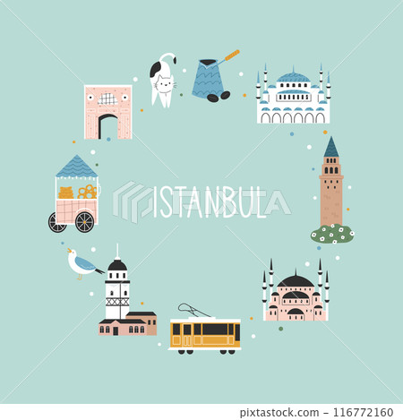 Hand drawn circle illustration with symbols and famous places of Istanbul 116772160