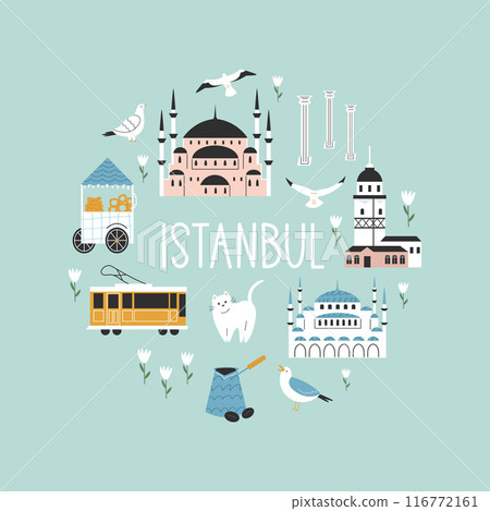 Hand drawn circle illustration with symbols and famous places of Istanbul Hand drawn circle illustration with symbols and famous places of Istanbul 116772161