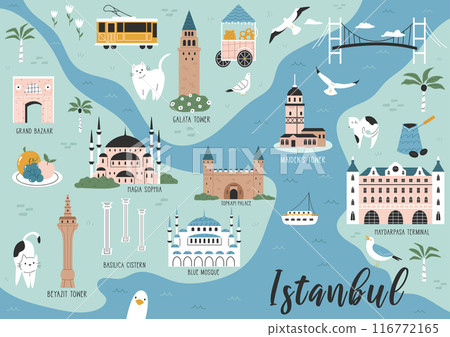 Hand drawn illustrated map of Istanbul with famous places Hagia Sophia, Blue Mosque, Galata Tower, Bosphorus Bridge 116772165