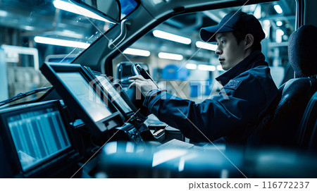 Man in a Vehicle With Multiple Screens 116772237