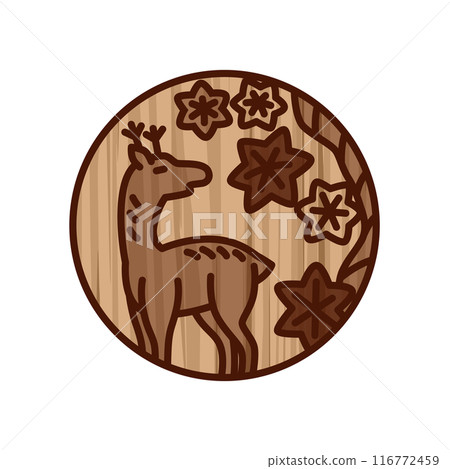 Wood carving style circular mini Hanafuda cards - Kannazuki, autumn leaves, deer, October, autumn leaves and deer Wood carving style circular mini Hanafuda cards - Kannazuki, autumn leaves, deer, October, autumn leaves and deer 116772459