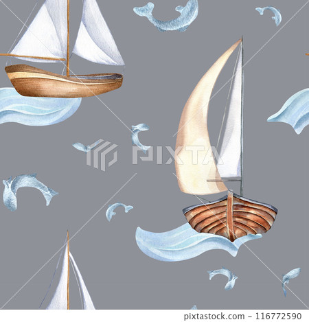 Sailboat one mast on waves and small fish hand drawn by seamless pattern. Nautical design textile in watercolor . Fishes and sail vessel on background isolated. Element for packaging, marine products 116772590