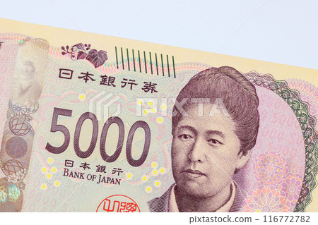 New banknote with denomination of 5000 yen cash will be issued by Nippon Ginko national bank in 2024 front view New banknote with denomination of 5000 yen cash will be issued by Nippon Ginko national bank in 2024 front view 116772782