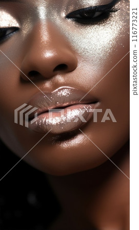 Closeup of beautiful black woman. Stylish metallic makeup. Glossy skin and silver metallic eyeshadows. Fashion portrait african american girl Closeup of beautiful black woman. Stylish metallic makeup. Glossy skin and silver metallic eyeshadows. Fashion portrait african american girl 116773221