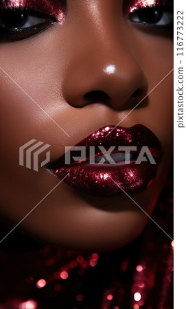 Makeup with dark burgundy lips close up. Glitter metallic red wine color lipstick. Fashion make-up close up. African American model. Beautiful black girl 116773222
