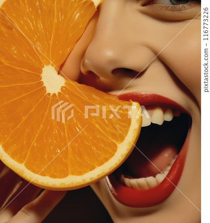 Beauty Model Girl with Juicy Orange close-up. Beautiful Joyful woman smile. Happy and optimistic emotion, red lips make up. Orange Slice Beauty Model Girl with Juicy Orange close-up. Beautiful Joyful woman smile. Happy and optimistic emotion, red lips make up. Orange Slice 116773226