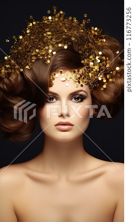 Beautiful woman with golden glitter on her hair and perfect shiny makeup and hairstyle. Stunning young girl with gold metallic paint body-art. Fashion and beauty concept. Beautiful woman with golden glitter on her hair and perfect shiny makeup and hairstyle. Stunning young girl with gold metallic paint body-art. Fashion and beauty concept. 116773256