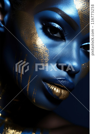 Fashion Portrait closeup of beautiful black woman. Beauty african face.Portrait closeup of beautiful black woman. Beauty african girl with paint on her face. Perfect shiny skin. Fashion model girl 116773258
