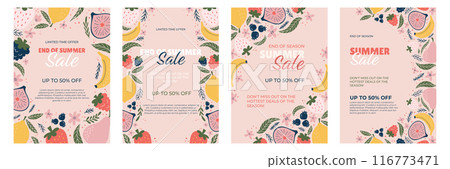 Four promotional vertical Posters End of Season Summer Sale. Pastel pink background with vibrant fruit illustrations bananas, lemons, figs, strawberries, blueberries and floral accents. Four promotional vertical Posters End of Season Summer Sale. Pastel pink background with vibrant fruit illustrations bananas, lemons, figs, strawberries, blueberries and floral accents. 116773471