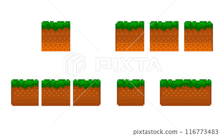 Pixel art tile set for 2d retro video-game. A set of ground tiles with grass for platformer for location constructor. Vector illustration. Pixel art tile set for 2d retro video-game. A set of ground tiles with grass for platformer for location constructor. Vector illustration. 116773483