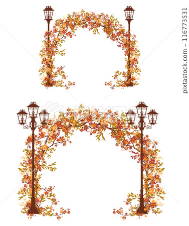 autumn season tree branches arch and street light vector design set autumn season tree branches arch and street light vector design set 116773531