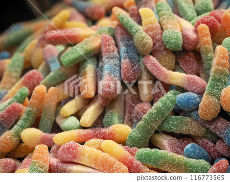 Assorted rainbow colorful worm gummy candies Jelly 116773565