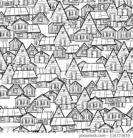 Doodle village buildings. Black and white line art seamless pattern of various houses, creating a visually engaging abstract scene. Outline monochrome design Doodle village buildings. Black and white line art seamless pattern of various houses, creating a visually engaging abstract scene. Outline monochrome design 116773659
