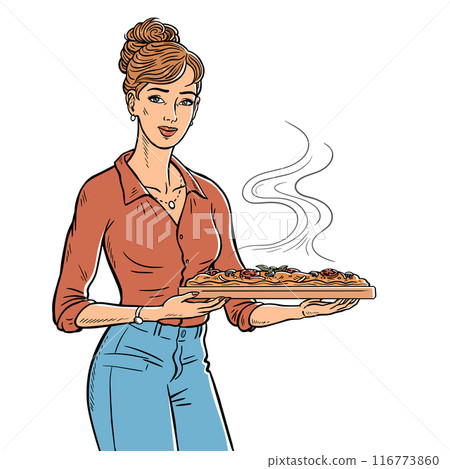 Female waitress holding an appetizing pizza in her hands Female waitress holding an appetizing pizza in her hands 116773860
