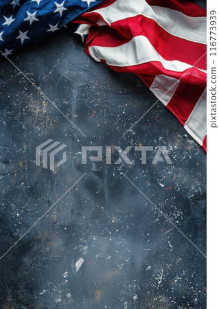 American flag draped on dark blue textured vertical surface, copy space. Generative AI American flag draped on dark blue textured vertical surface, copy space. Generative AI 116773939