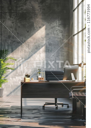 Modern office desk with large window and natural light. Generative AI 116773994