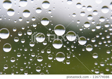 Straight view of water droplets on clear glass on blurred nature background. Suitable for design and wallpaper. 116774086