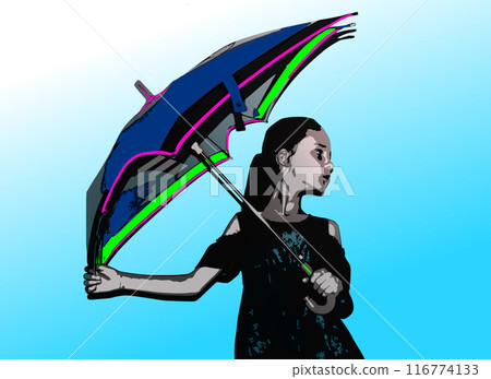 Graceful girl under an umbrella. On a gradient blue background, a girl with an umbrella in her hands looks to the side. Graceful girl under an umbrella. On a gradient blue background, a girl with an umbrella in her hands looks to the side. 116774133