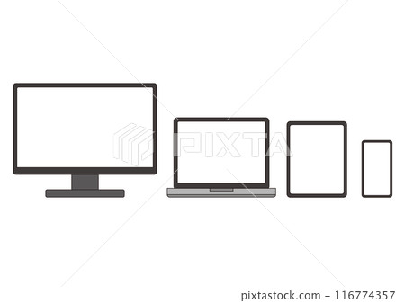 電腦和智慧型手機等一組裝置面向前方,帶有主線 電腦和智慧型手機等一組裝置面向前方,帶有主線 116774357
